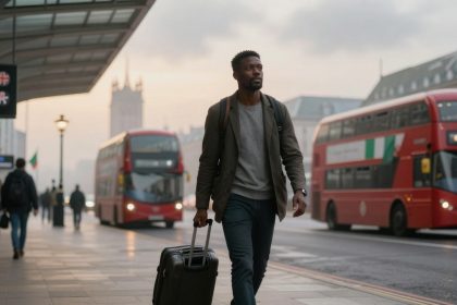 A man walks on a city sidewalk pulling a suitcase. He wears a gray jacket and jeans. Two red double-decker buses are in the background.
