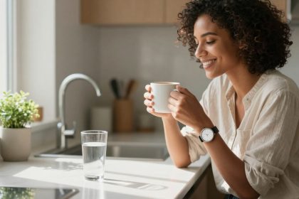A person with curly hair smiles while holding a mug in a bright kitchen. A glass of water and a potted plant are on the counter.