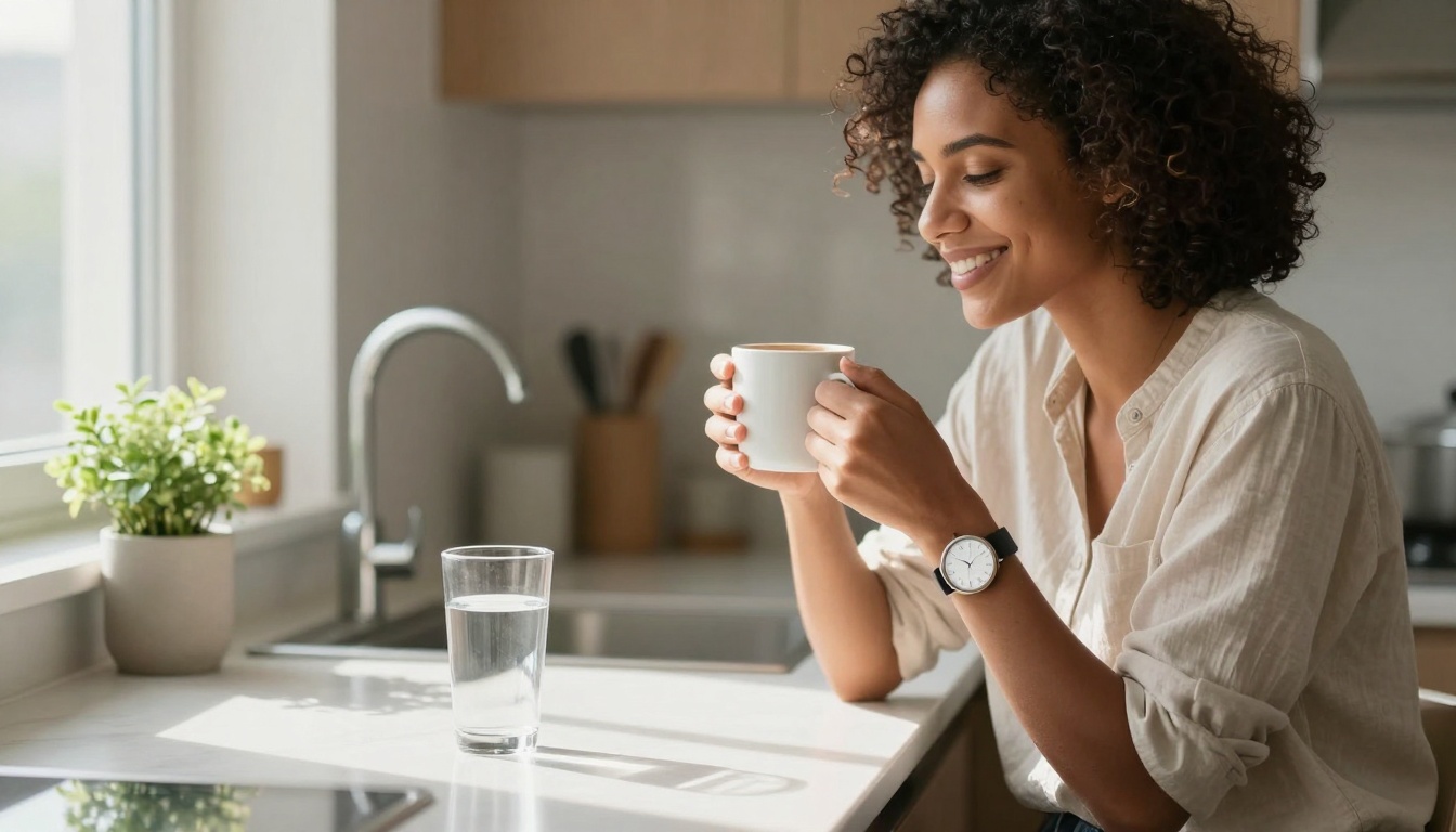 A person with curly hair smiles while holding a mug in a bright kitchen. A glass of water and a potted plant are on the counter.