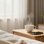 Steaming white coffee cup and smartphone on a wooden bedside table, next to a bed with a knitted blanket. Soft light filters through sheer curtains.