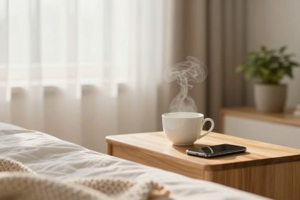 Steaming white coffee cup and smartphone on a wooden bedside table, next to a bed with a knitted blanket. Soft light filters through sheer curtains.