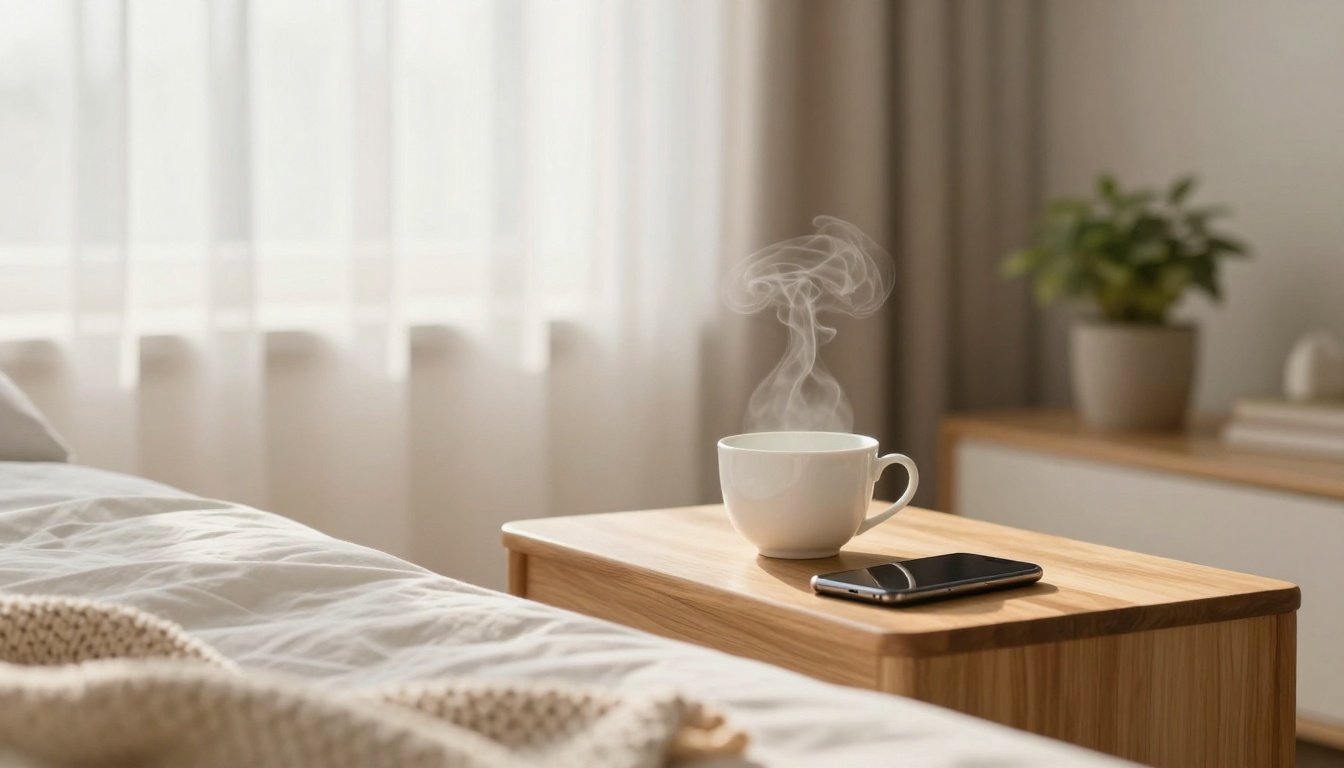 Steaming white coffee cup and smartphone on a wooden bedside table, next to a bed with a knitted blanket. Soft light filters through sheer curtains.