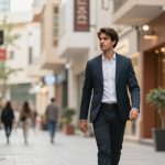 A man in a dark suit walks confidently through a modern outdoor shopping area. He passes by shops and potted plants, with blurred pedestrians in the background.