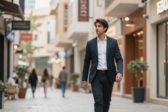 A man in a dark suit walks confidently through a modern outdoor shopping area. He passes by shops and potted plants, with blurred pedestrians in the background.