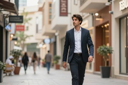 A man in a dark suit walks confidently through a modern outdoor shopping area. He passes by shops and potted plants, with blurred pedestrians in the background.