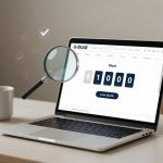 Laptop on a desk showing a webpage with a stock counter displaying "51000" and "Low Stock". A magnifying glass icon hovers above. A white coffee mug is beside the laptop.