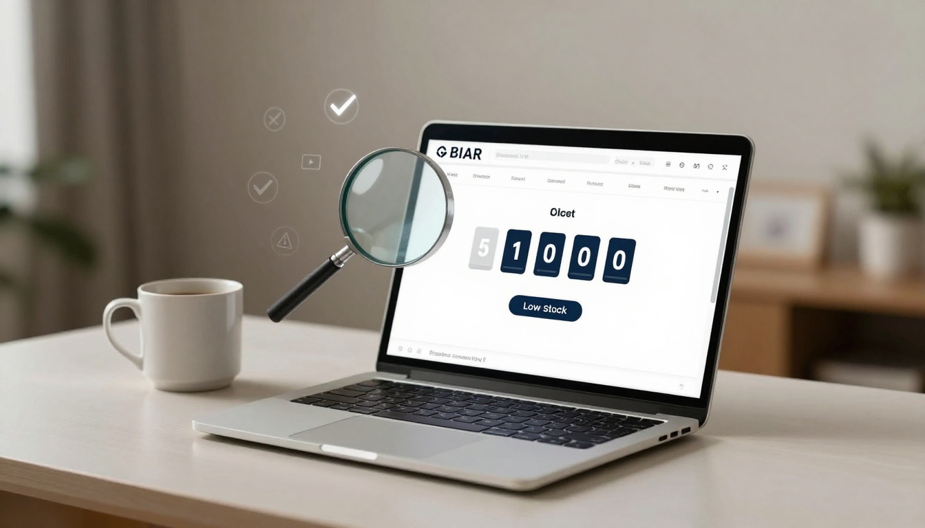 Laptop on a desk showing a webpage with a stock counter displaying "51000" and "Low Stock". A magnifying glass icon hovers above. A white coffee mug is beside the laptop.