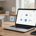 A laptop displaying icons, including graphs and a shield, sits on a wooden table with a white coffee mug, notebook, and smartphone. QR code holograms hover above.