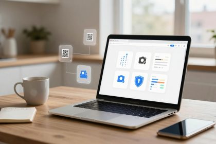 A laptop displaying icons, including graphs and a shield, sits on a wooden table with a white coffee mug, notebook, and smartphone. QR code holograms hover above.