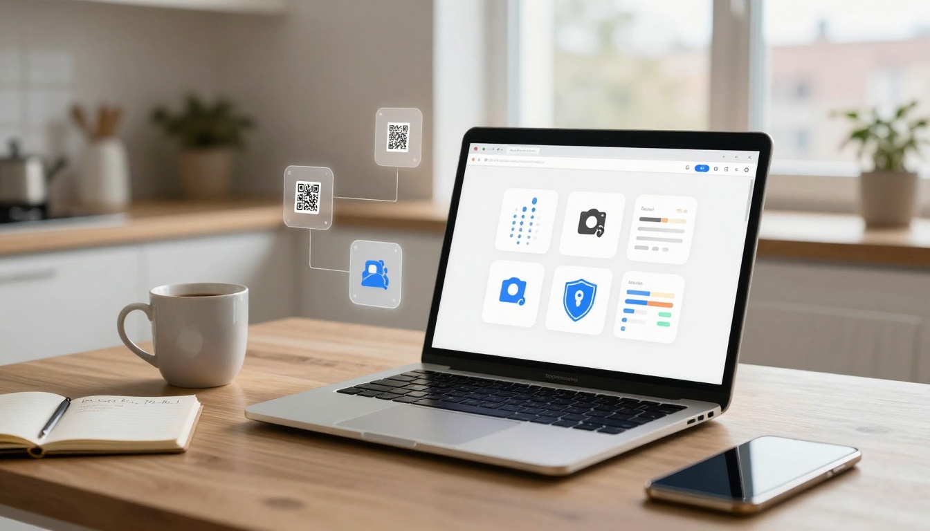 A laptop displaying icons, including graphs and a shield, sits on a wooden table with a white coffee mug, notebook, and smartphone. QR code holograms hover above.