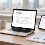 A laptop and tablet displaying contract documents are on a wooden desk. A notebook with a pen and a cup of coffee are nearby. A window with a cityscape view is in the background.