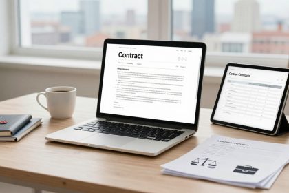 A laptop and tablet displaying contract documents are on a wooden desk. A notebook with a pen and a cup of coffee are nearby. A window with a cityscape view is in the background.