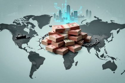 A stack of currency bundles is placed on a world map. A large chain lies broken beneath, and a digital cityscape is faintly visible above.