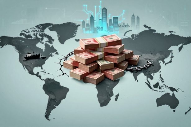 A stack of currency bundles is placed on a world map. A large chain lies broken beneath, and a digital cityscape is faintly visible above.