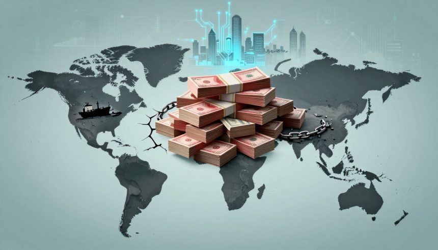 A stack of currency bundles is placed on a world map. A large chain lies broken beneath, and a digital cityscape is faintly visible above.