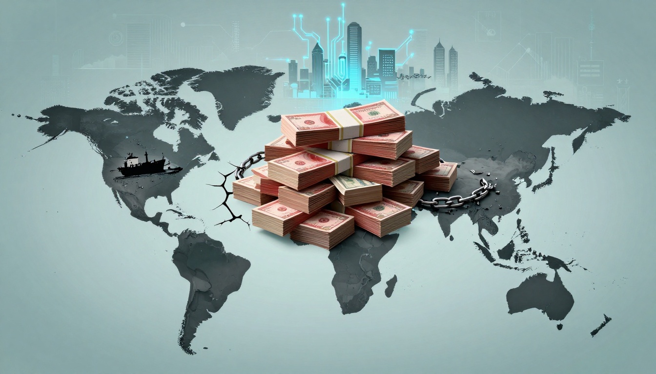 A stack of currency bundles is placed on a world map. A large chain lies broken beneath, and a digital cityscape is faintly visible above.