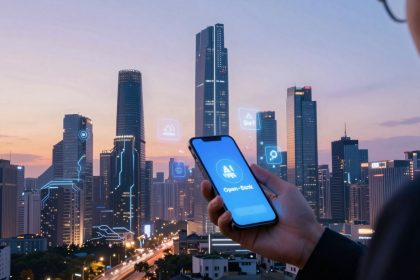 A person holds a smartphone displaying an "Open Bank" app against a city skyline at dusk. Digital icons hover over skyscrapers.