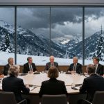 A group of people in suits seated around a circular conference table in a modern room with large windows. Snow-covered mountains and trees are visible outside. Two screens display maps and data on either side of the room.