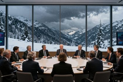 A group of people in suits seated around a circular conference table in a modern room with large windows. Snow-covered mountains and trees are visible outside. Two screens display maps and data on either side of the room.