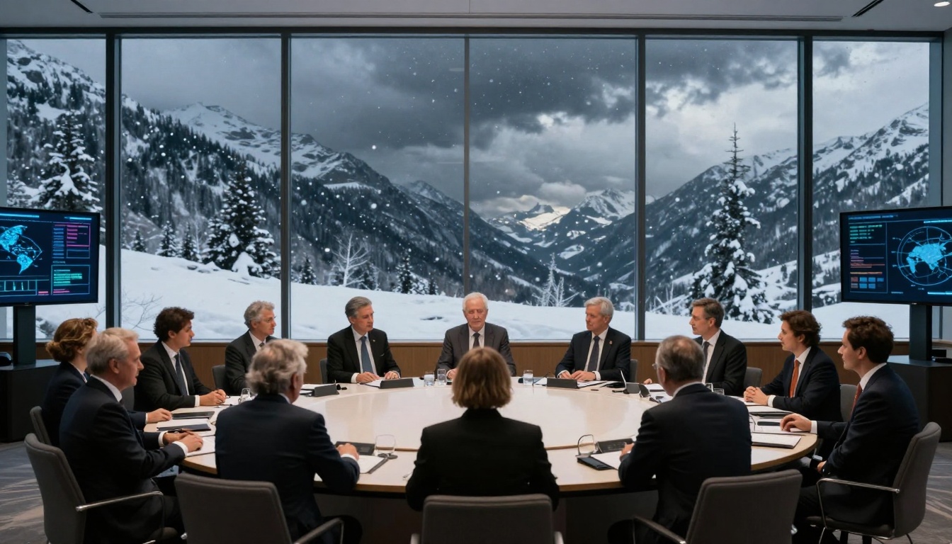 A group of people in suits seated around a circular conference table in a modern room with large windows. Snow-covered mountains and trees are visible outside. Two screens display maps and data on either side of the room.