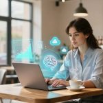 A woman in a blue shirt works on a laptop in a cafe. Holographic icons, including a brain and cloud, float near her. A cup of coffee steams on the table.