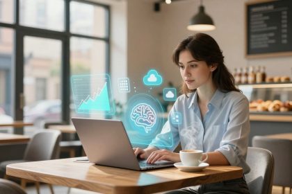 A woman in a blue shirt works on a laptop in a cafe. Holographic icons, including a brain and cloud, float near her. A cup of coffee steams on the table.