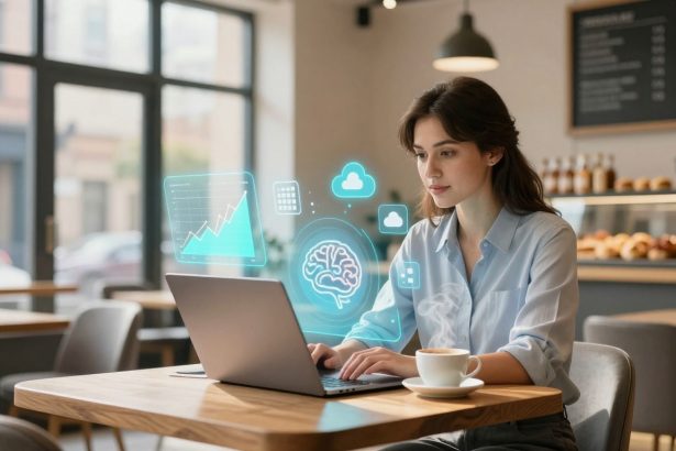 A woman in a blue shirt works on a laptop in a cafe. Holographic icons, including a brain and cloud, float near her. A cup of coffee steams on the table.