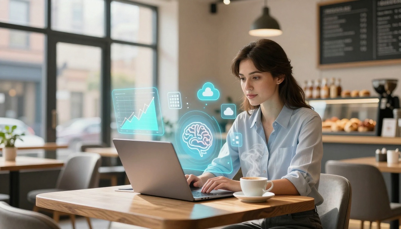 A woman in a blue shirt works on a laptop in a cafe. Holographic icons, including a brain and cloud, float near her. A cup of coffee steams on the table.