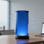 A blue cylindrical device on a wooden table emits holographic data. A laptop displays a brain diagram. The setting is a modern office.