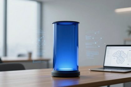 A blue cylindrical device on a wooden table emits holographic data. A laptop displays a brain diagram. The setting is a modern office.