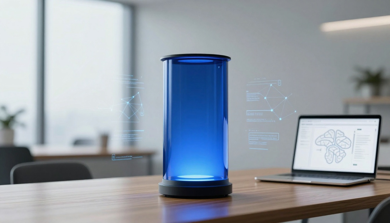 A blue cylindrical device on a wooden table emits holographic data. A laptop displays a brain diagram. The setting is a modern office.