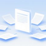 Floating documents in a circular arrangement on a light blue background, with a central upright document. Icons of a magnifying glass and a chart are faintly visible.