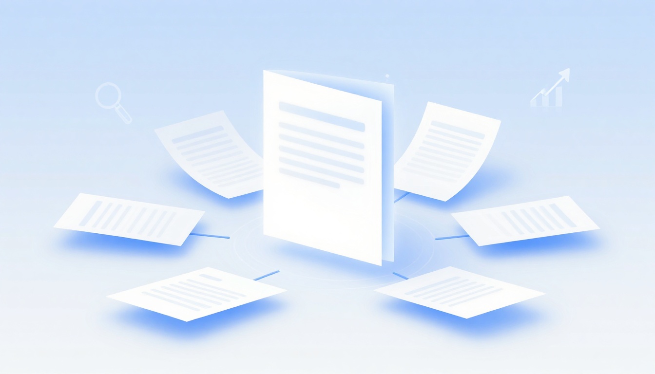 Floating documents in a circular arrangement on a light blue background, with a central upright document. Icons of a magnifying glass and a chart are faintly visible.