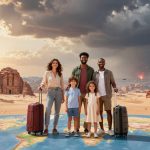 A group of five people stands on a map with suitcases, set against a desert landscape with ancient rock structures. The sky is cloudy, with fighter jets flying and an explosion in the distance.