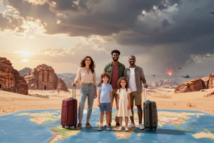 A group of five people stands on a map with suitcases, set against a desert landscape with ancient rock structures. The sky is cloudy, with fighter jets flying and an explosion in the distance.
