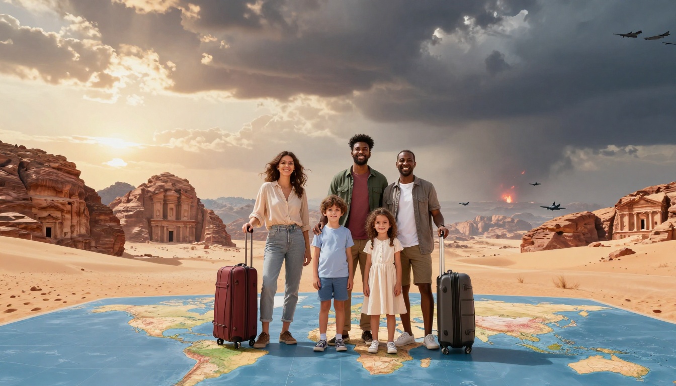 A group of five people stands on a map with suitcases, set against a desert landscape with ancient rock structures. The sky is cloudy, with fighter jets flying and an explosion in the distance.