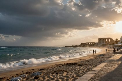 Sandy beach at sunset with waves crashing, people walking, and ancient ruins in the distance. Dark clouds cover part of the sky.