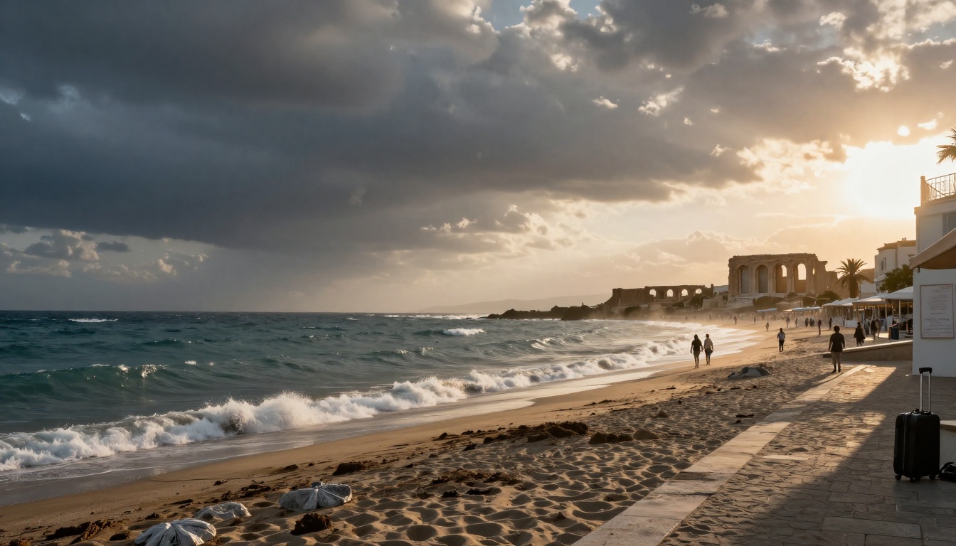 Sandy beach at sunset with waves crashing, people walking, and ancient ruins in the distance. Dark clouds cover part of the sky.