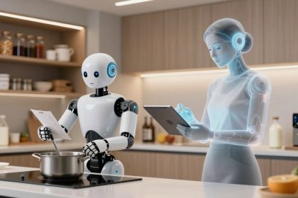 A humanoid robot and a holographic figure are in a modern kitchen. The robot stirs a pot while holding a recipe, and the hologram reads from a tablet. Shelves with jars and a coffee machine are in the background.