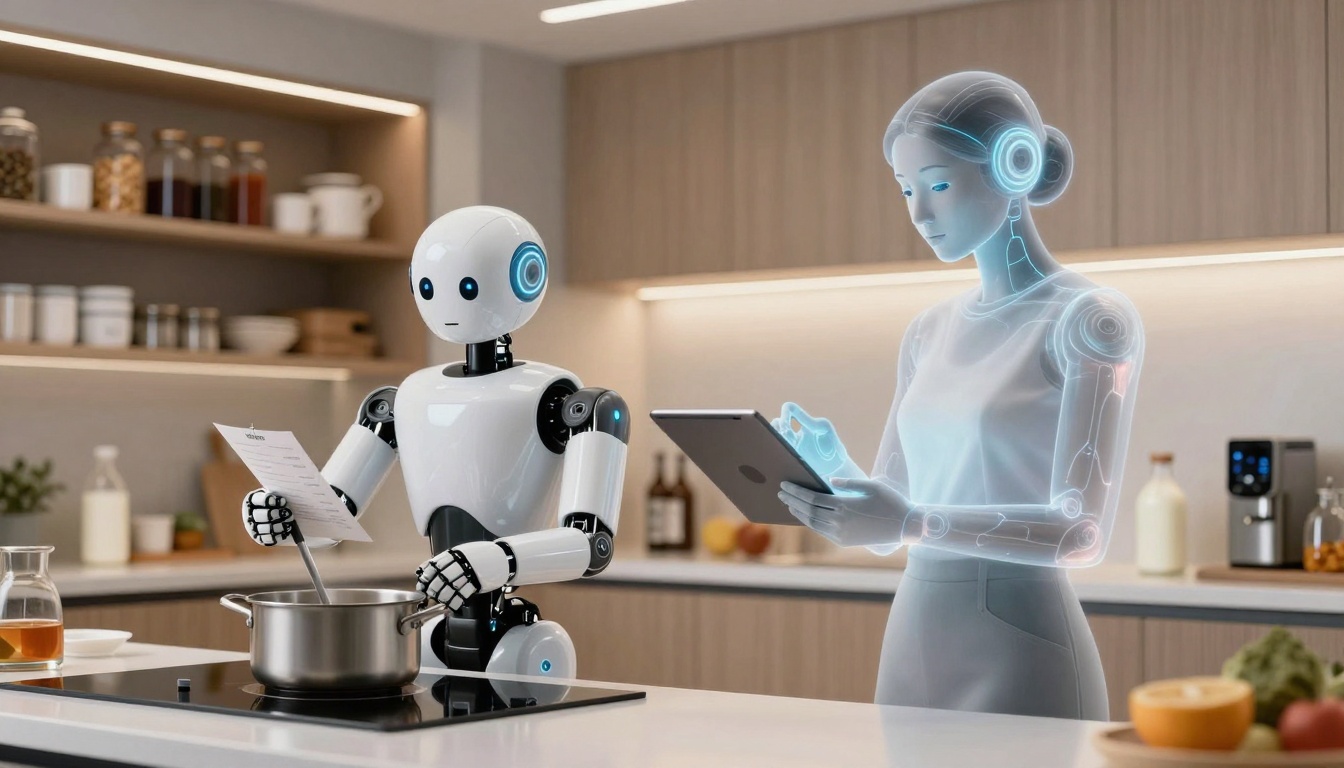 A humanoid robot and a holographic figure are in a modern kitchen. The robot stirs a pot while holding a recipe, and the hologram reads from a tablet. Shelves with jars and a coffee machine are in the background.