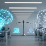 A digital brain and a human head hologram, connected by lines, flank a balance scale in an office setting, symbolizing AI vs human intelligence.