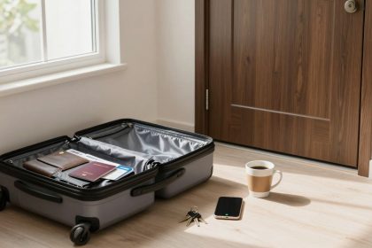 An open gray suitcase on a wooden floor contains a brown wallet and passports. Nearby are a smartphone, keys, and a coffee cup. The scene is lit by natural light from a window, with a wooden door in the background.