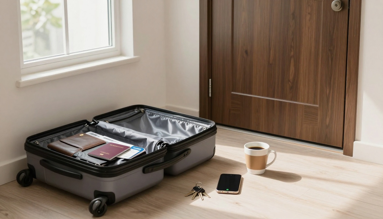 An open gray suitcase on a wooden floor contains a brown wallet and passports. Nearby are a smartphone, keys, and a coffee cup. The scene is lit by natural light from a window, with a wooden door in the background.