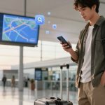 A person stands in an airport terminal, looking at a smartphone. They have a suitcase and a shoulder bag. A digital map is displayed on a large screen in the background.