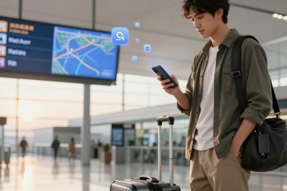 A person stands in an airport terminal, looking at a smartphone. They have a suitcase and a shoulder bag. A digital map is displayed on a large screen in the background.