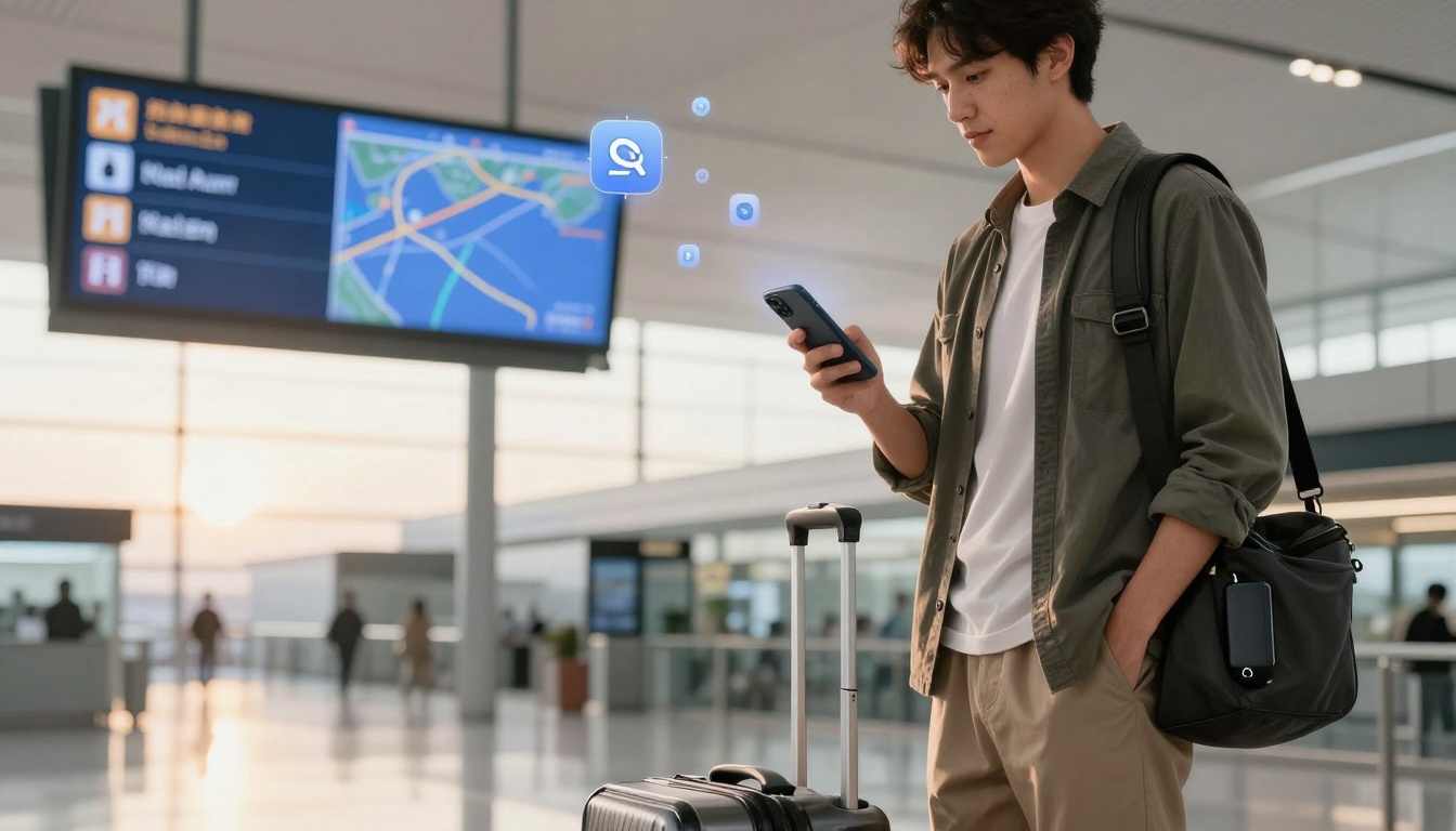 A person stands in an airport terminal, looking at a smartphone. They have a suitcase and a shoulder bag. A digital map is displayed on a large screen in the background.