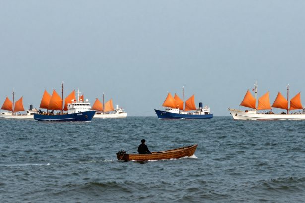 A person in a small wooden boat on a calm sea, with five larger ships in the background. The ships have orange sails and are painted white and blue.