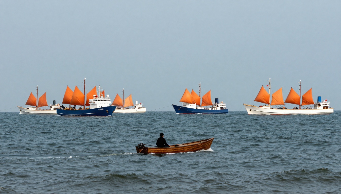 A person in a small wooden boat on a calm sea, with five larger ships in the background. The ships have orange sails and are painted white and blue.