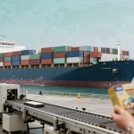 A large container ship loaded with multicolored shipping containers is docked at a port. In the foreground, a conveyor belt is visible, and a person is examining a box of packaged food in a store aisle, with shelves of similar products nearby.
