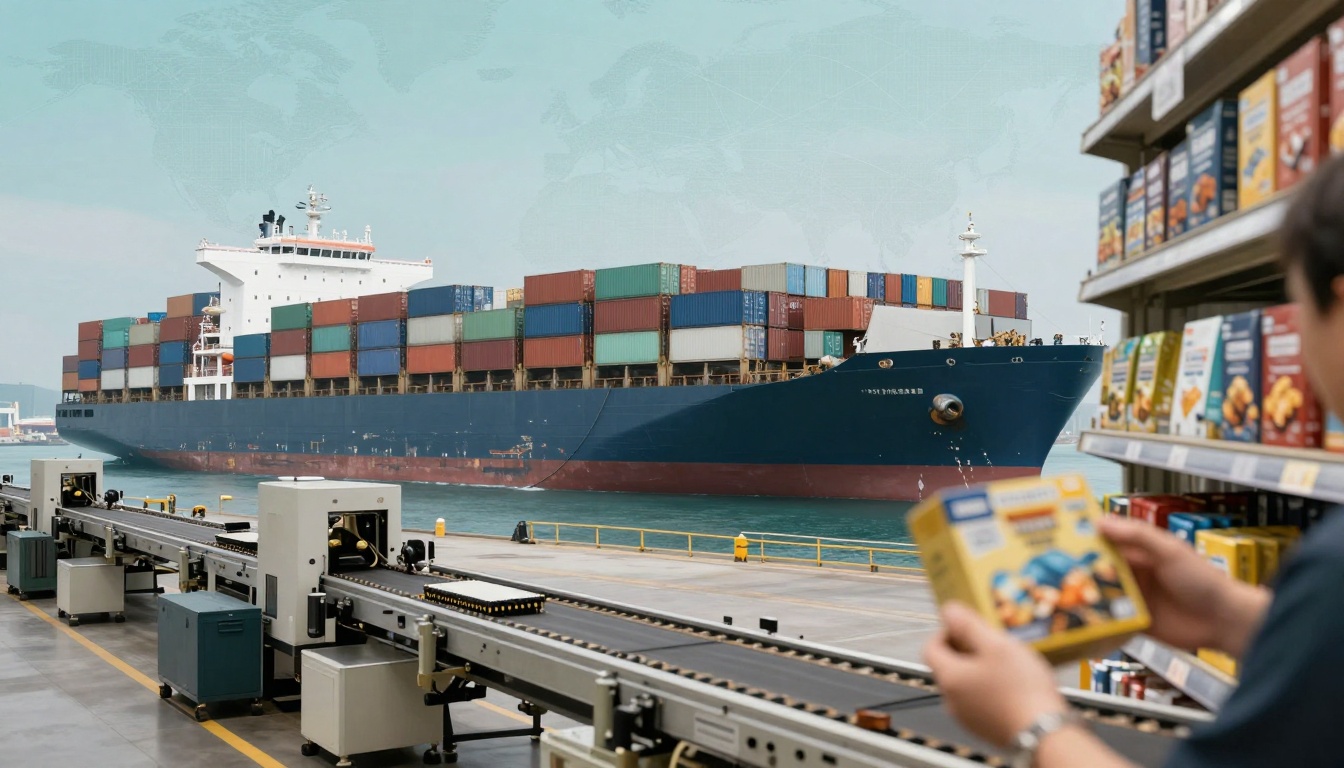 A large container ship loaded with multicolored shipping containers is docked at a port. In the foreground, a conveyor belt is visible, and a person is examining a box of packaged food in a store aisle, with shelves of similar products nearby.